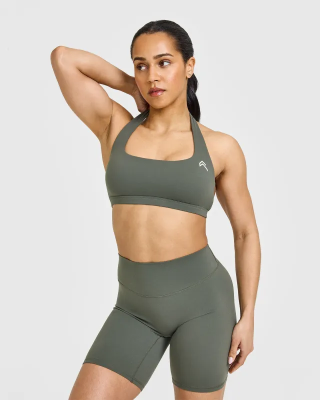 EasyLift™ Halter Bralette with White Logo | Dark Khaki sold by Oner Active