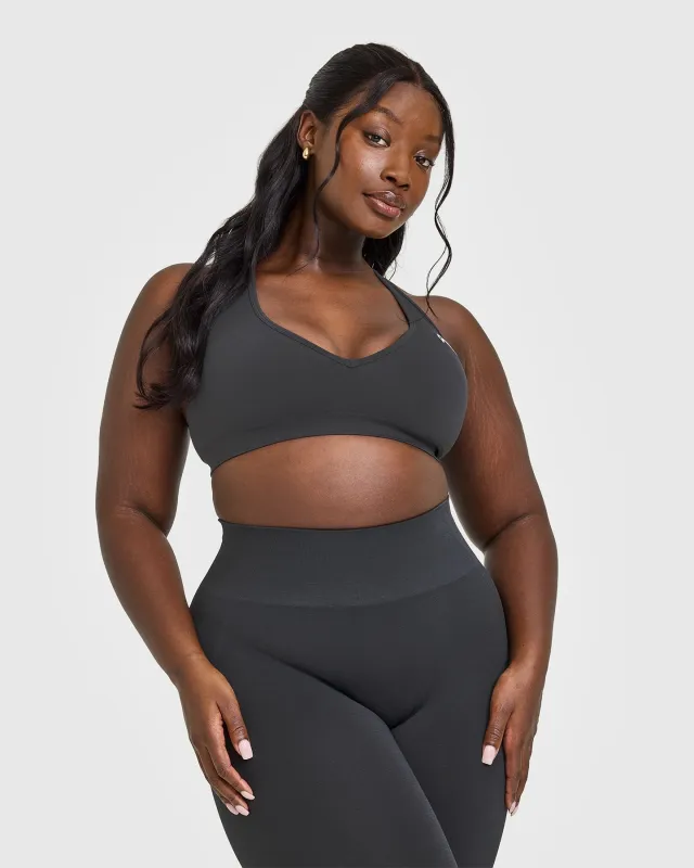 Effortless Seamless Racer Back Sports Bra with White Logo | Coal sold by Oner Active