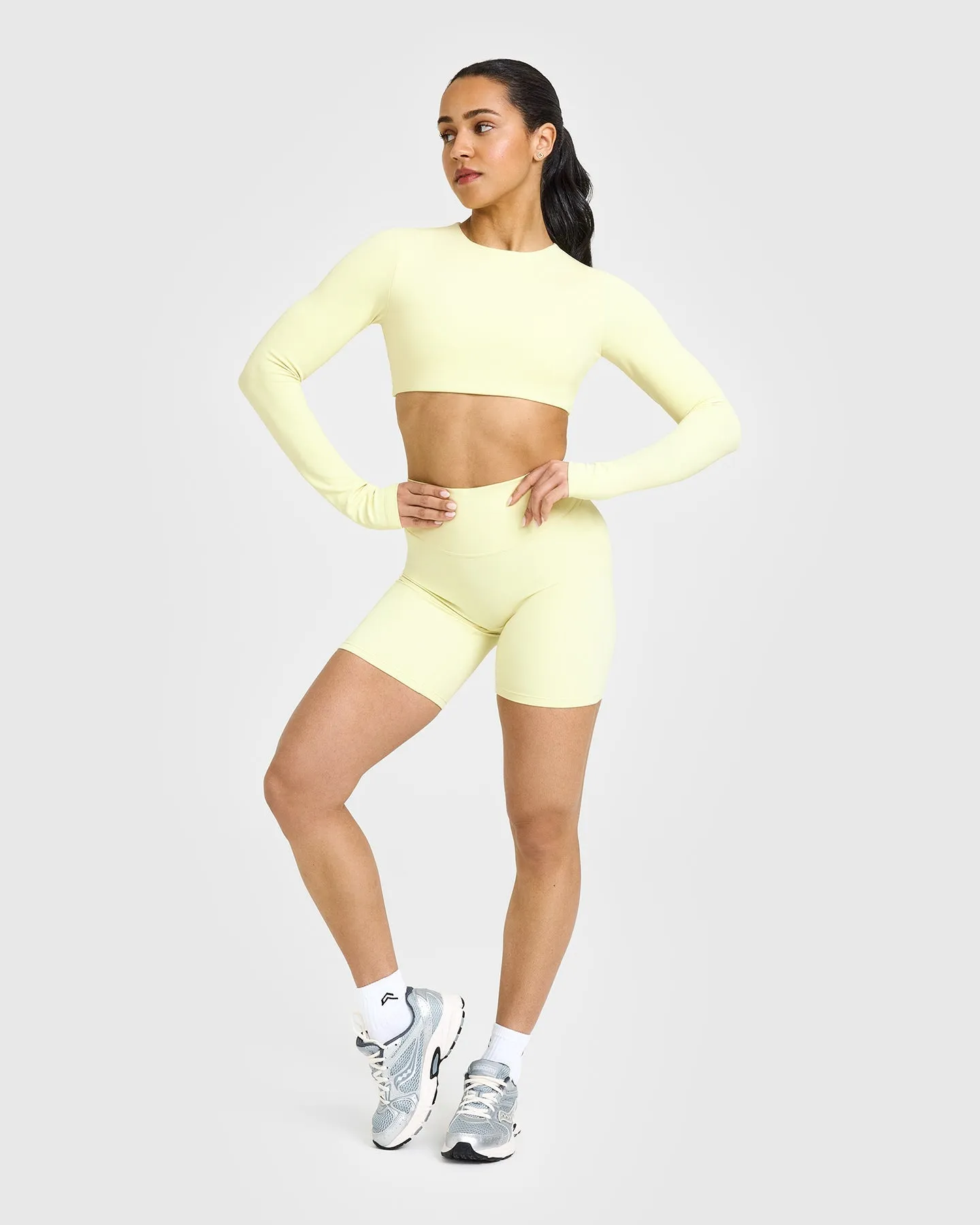 SoftMotion™ Long Sleeve Crop Top with White Logo | Pastel Yellow sold by Oner Active product image thumbnail 3
