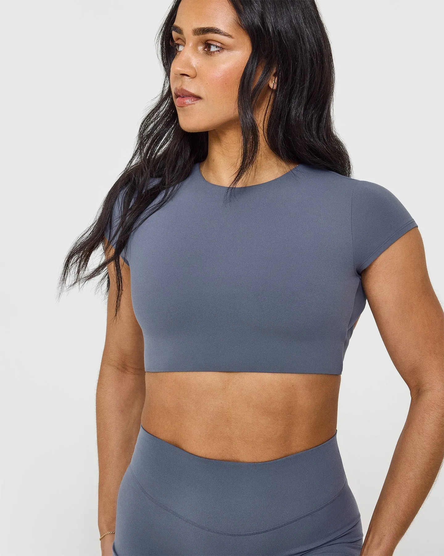 SoftMotion™ Short Sleeve Crop Top with White Logo | Granite Blue sold by Oner Active product image thumbnail 5