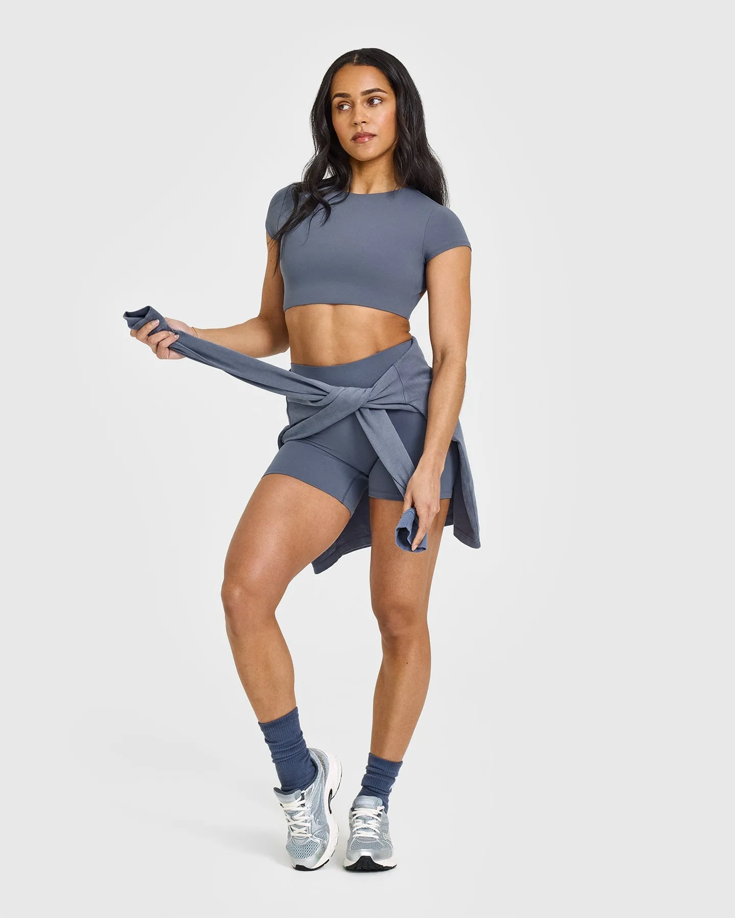 SoftMotion™ Short Sleeve Crop Top with White Logo | Granite Blue sold by Oner Active product image thumbnail 3