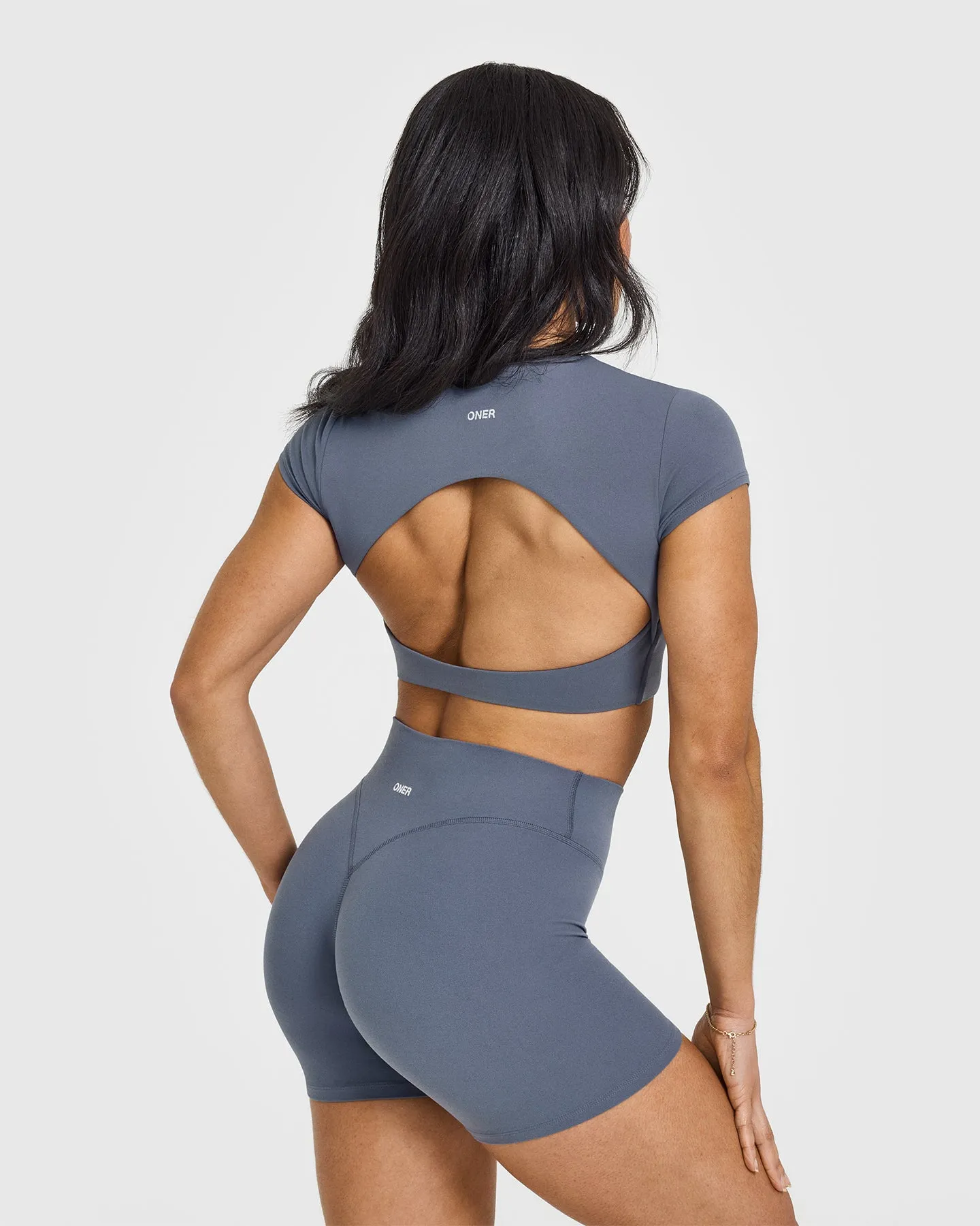 SoftMotion™ Short Sleeve Crop Top with White Logo | Granite Blue sold by Oner Active product image thumbnail 2