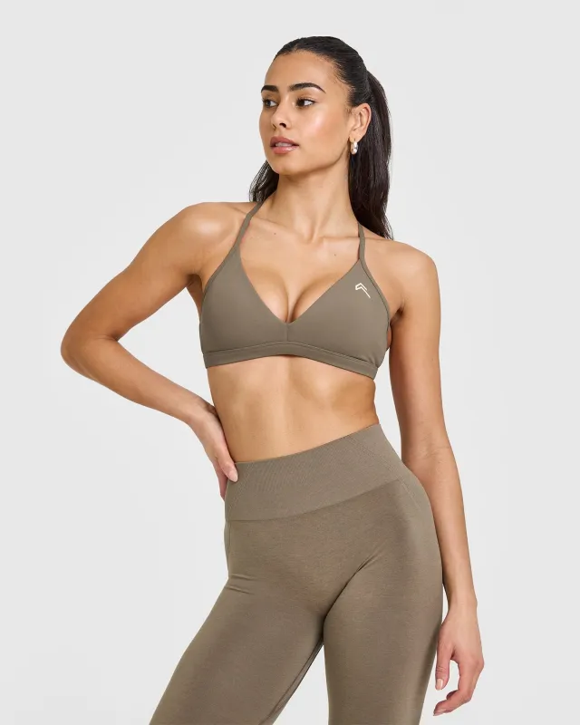 EasyLift™ Ultra Minimal V Neck Bralette with White Logo | Moss Brown sold by Oner Active