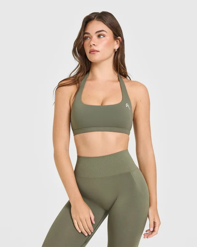 EasyLift™ Halter Bralette with White Logo | Alpine Green sold by Oner Active