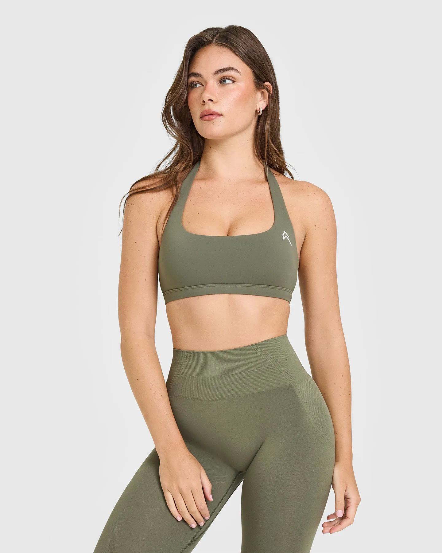 EasyLift™ Halter Bralette with White Logo | Alpine Green sold by Oner Active