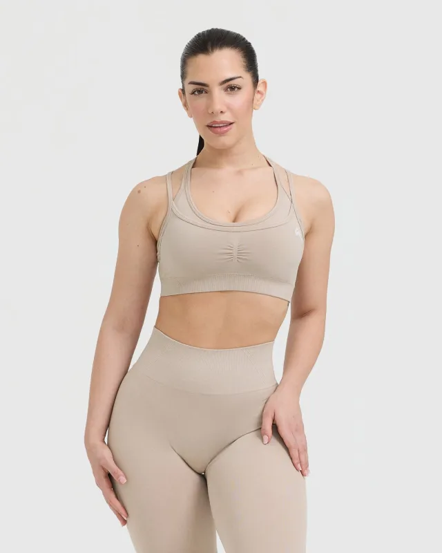 Effortless Seamless Layered Sports Bra with White Logo | Mushroom Brown sold by Oner Active