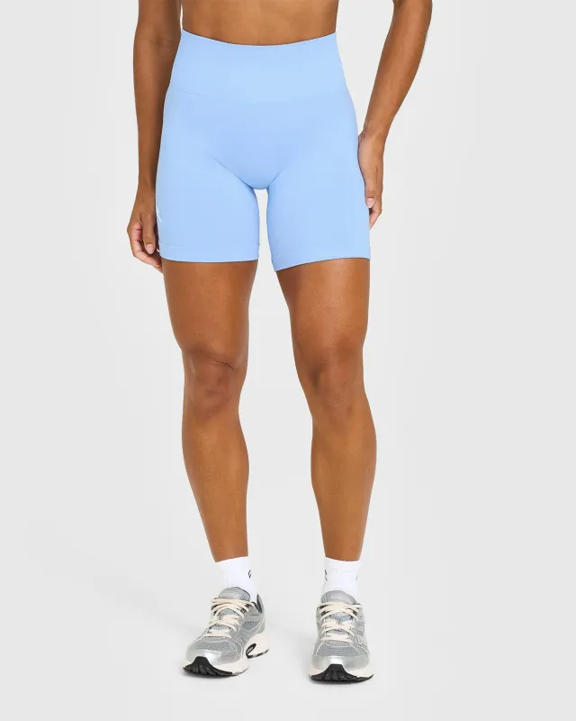 Effortless Seamless Shorts with White Logo | Powdered Blue sold by Oner Active