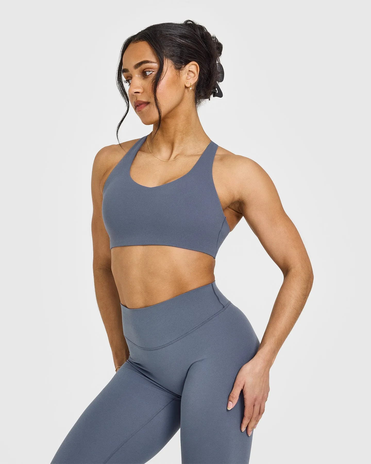 SoftMotion™ Sports Bra with White Logo | Granite Blue sold by Oner Active