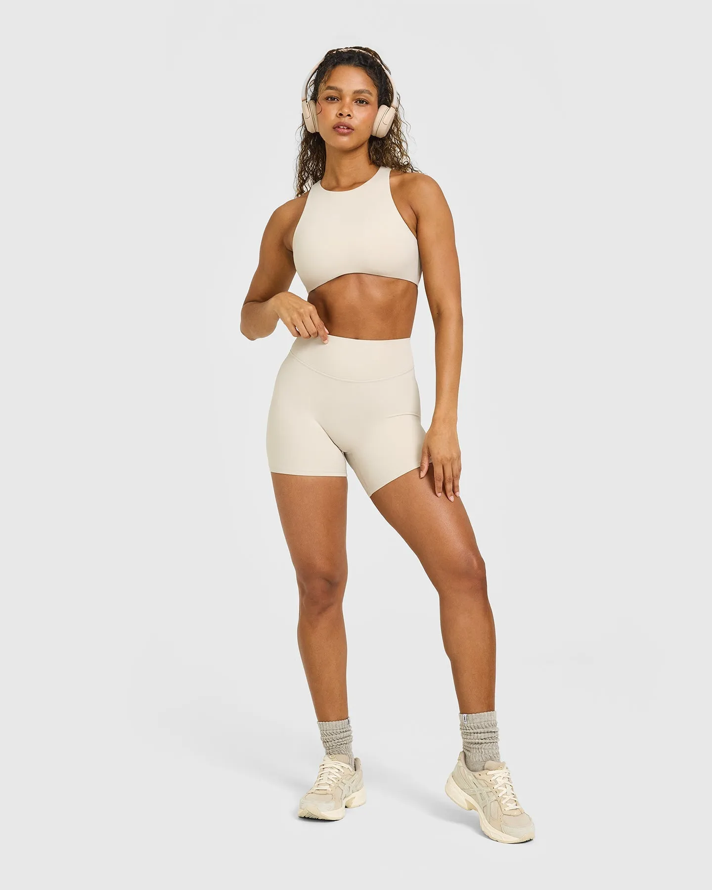 SoftMotion™ High Waisted Shorts 6" with White Logo | Sand sold by Oner Active product image thumbnail 3