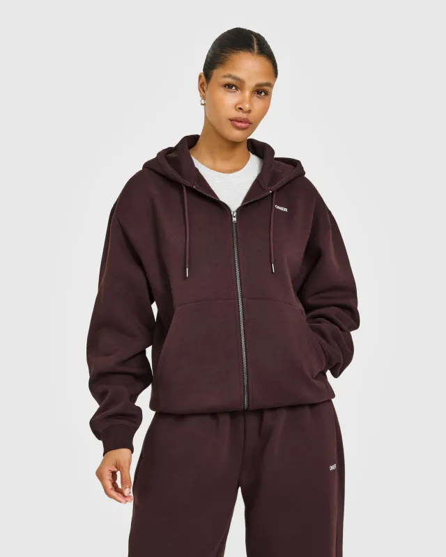 Foundations Zip Through Hoodie with Grey Logo | Plum Brown sold by Oner Active