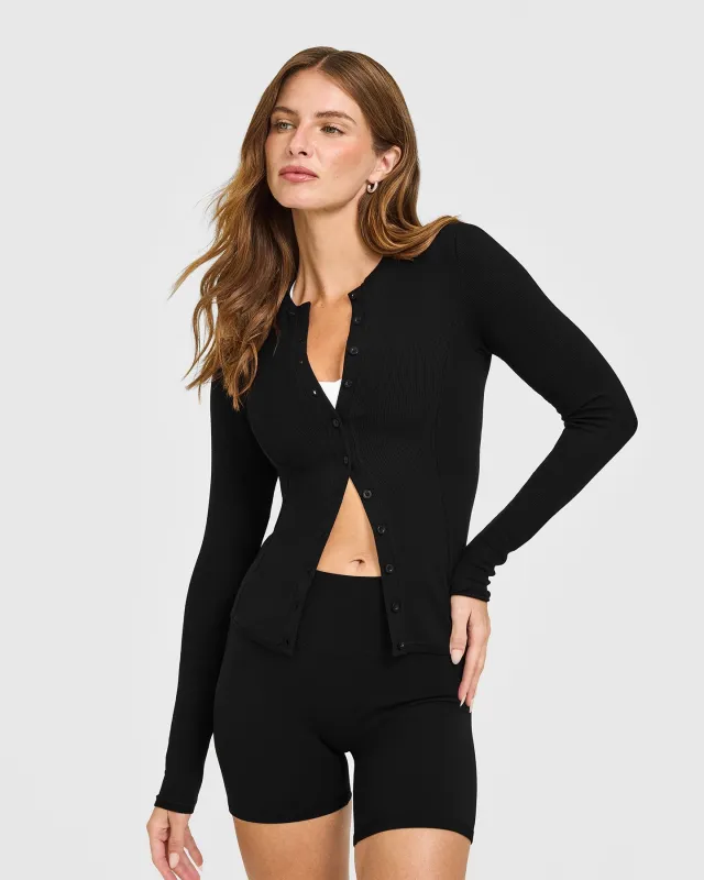 Mellow™ Rib Long Sleeve Cardigan | Black sold by Oner Active