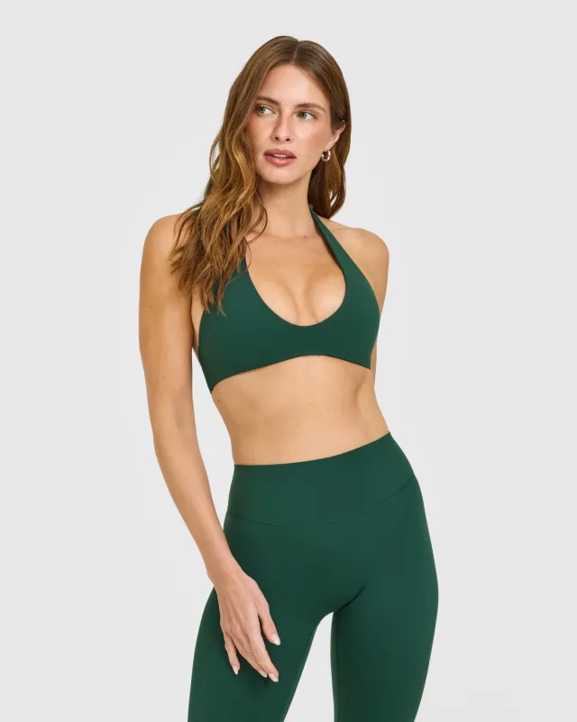SoftMotion™ Minimal Halter Neck Bralette with White Logo | Dark Racing Green sold by Oner Active