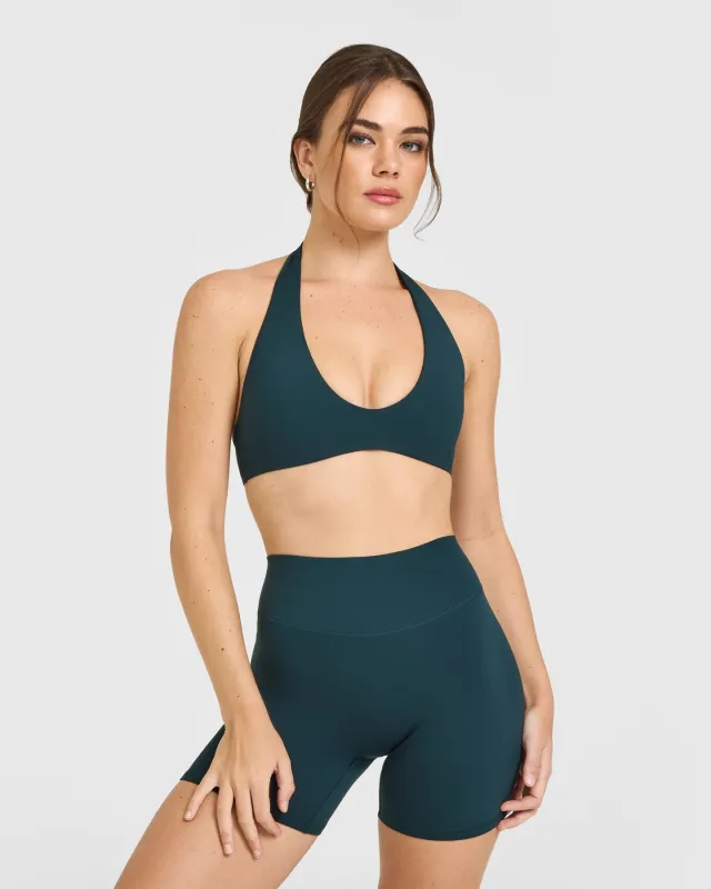 SoftMotion™ Minimal Halter Neck Bralette with White Logo | Oil Blue sold by Oner Active