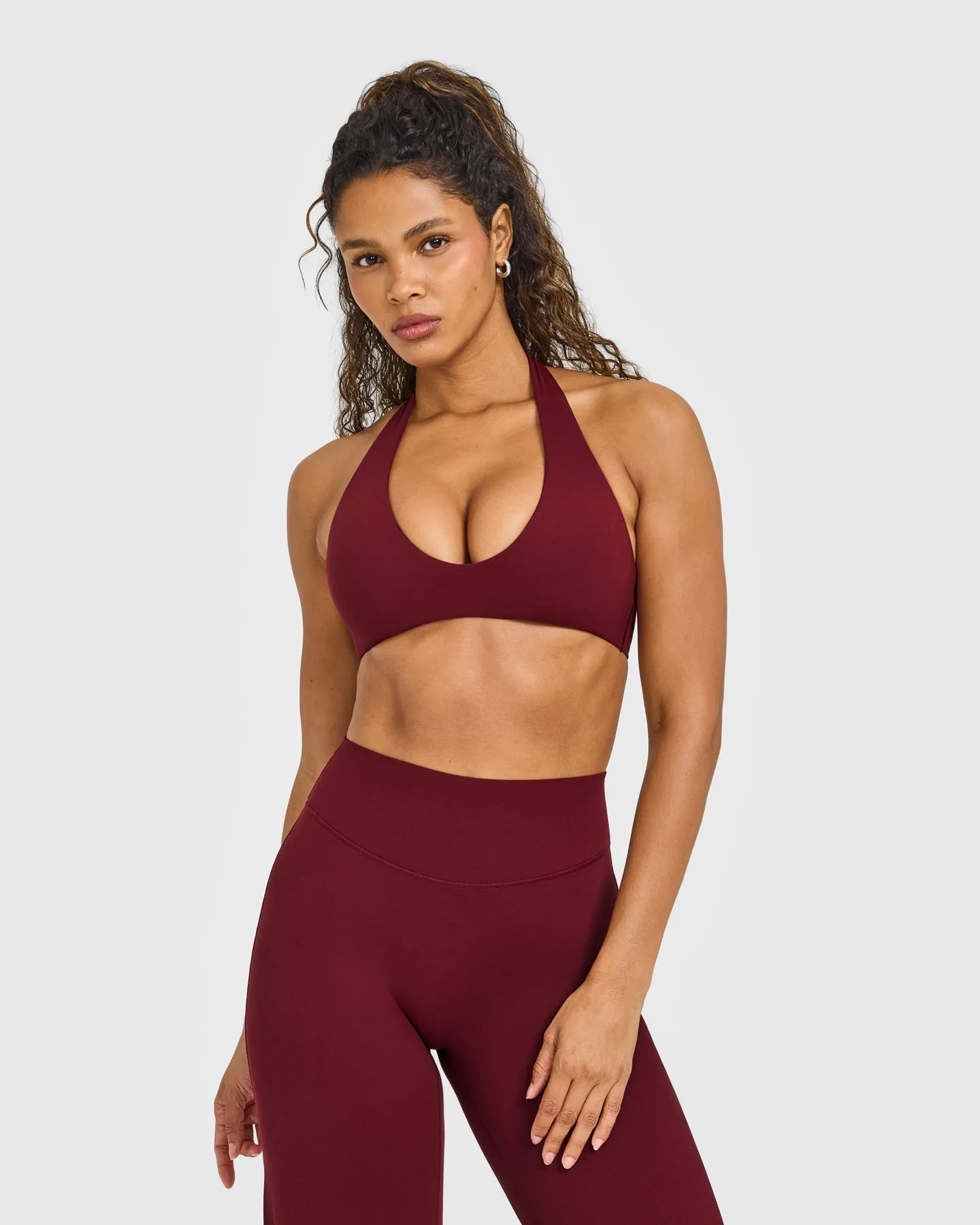 SoftMotion™ Minimal Halter Neck Bralette with White Logo | Light Rosewood sold by Oner Active