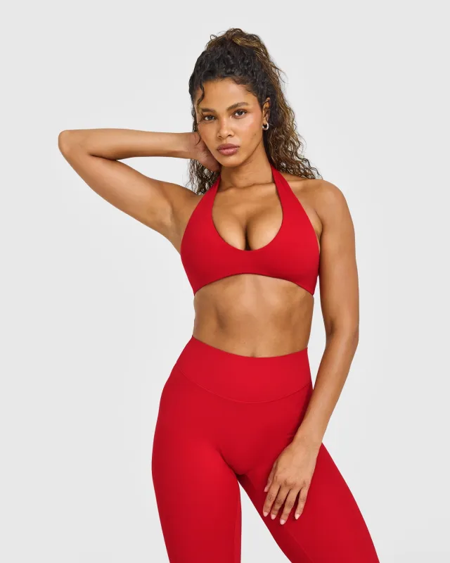 SoftMotion™ Minimal Halter Neck Bralette with White Logo | Light Toasted Red sold by Oner Active