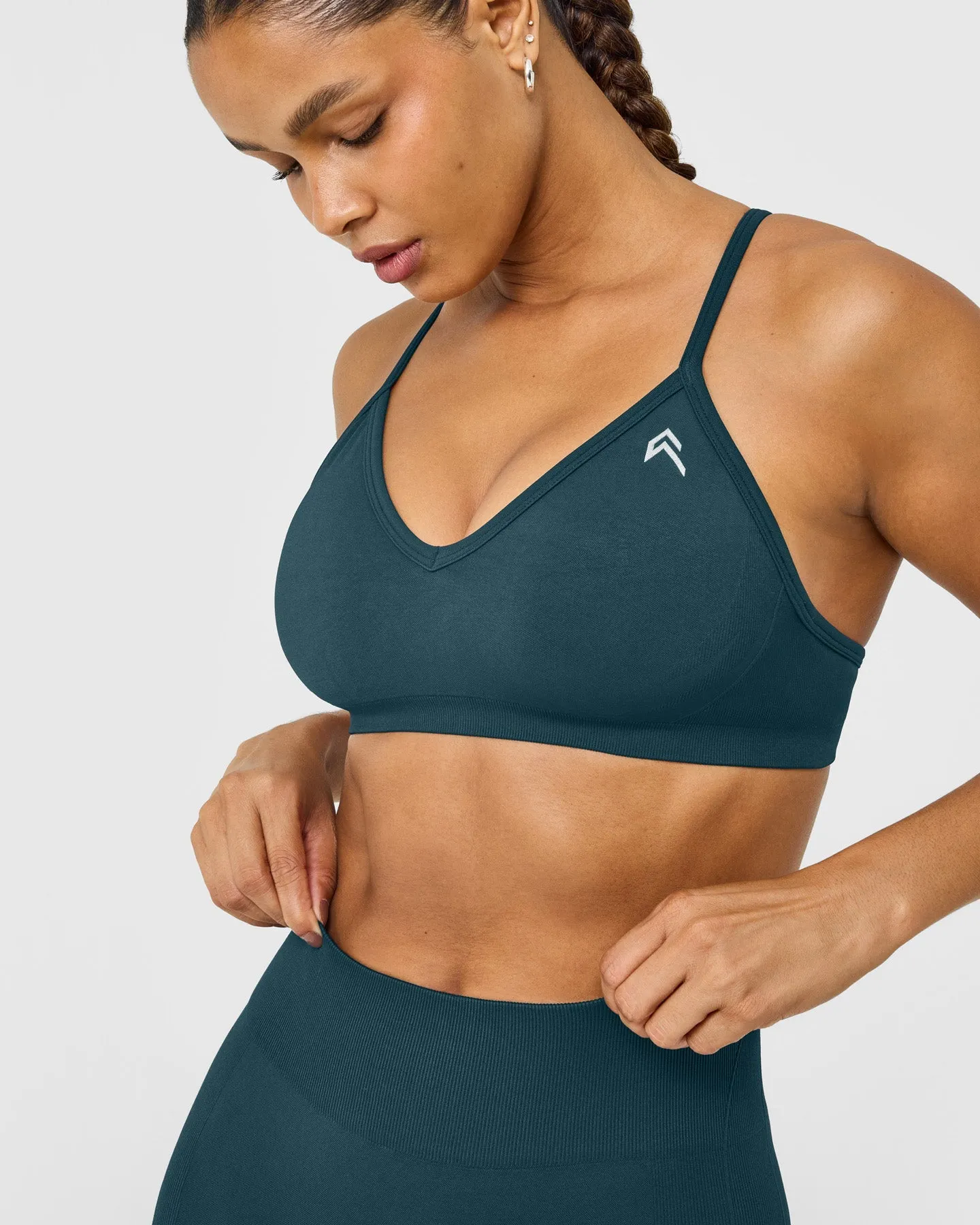 EnhanceLift™ Seamless Strappy Sports Bra with White Logo | Washed Oil Blue sold by Oner Active product image thumbnail 4