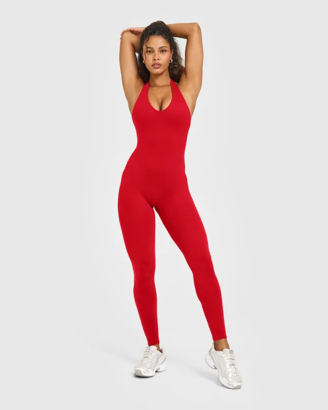 SoftMotion™ Halter Neck All In One Long with White Logo | Light Toasted Red sold by Oner Active