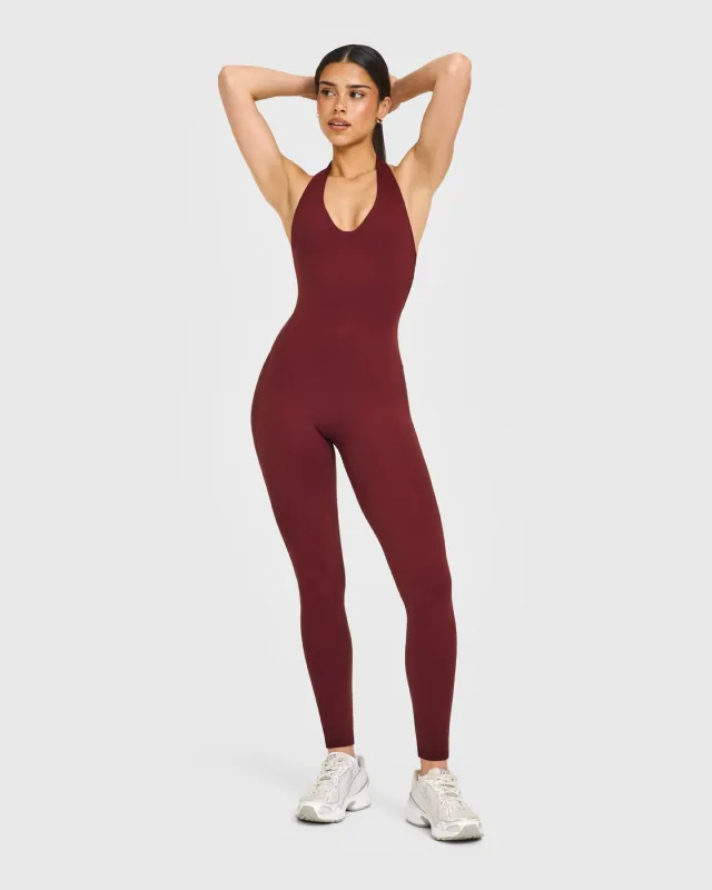 SoftMotion™ Halter Neck All In One Long with White Logo | Light Rosewood sold by Oner Active