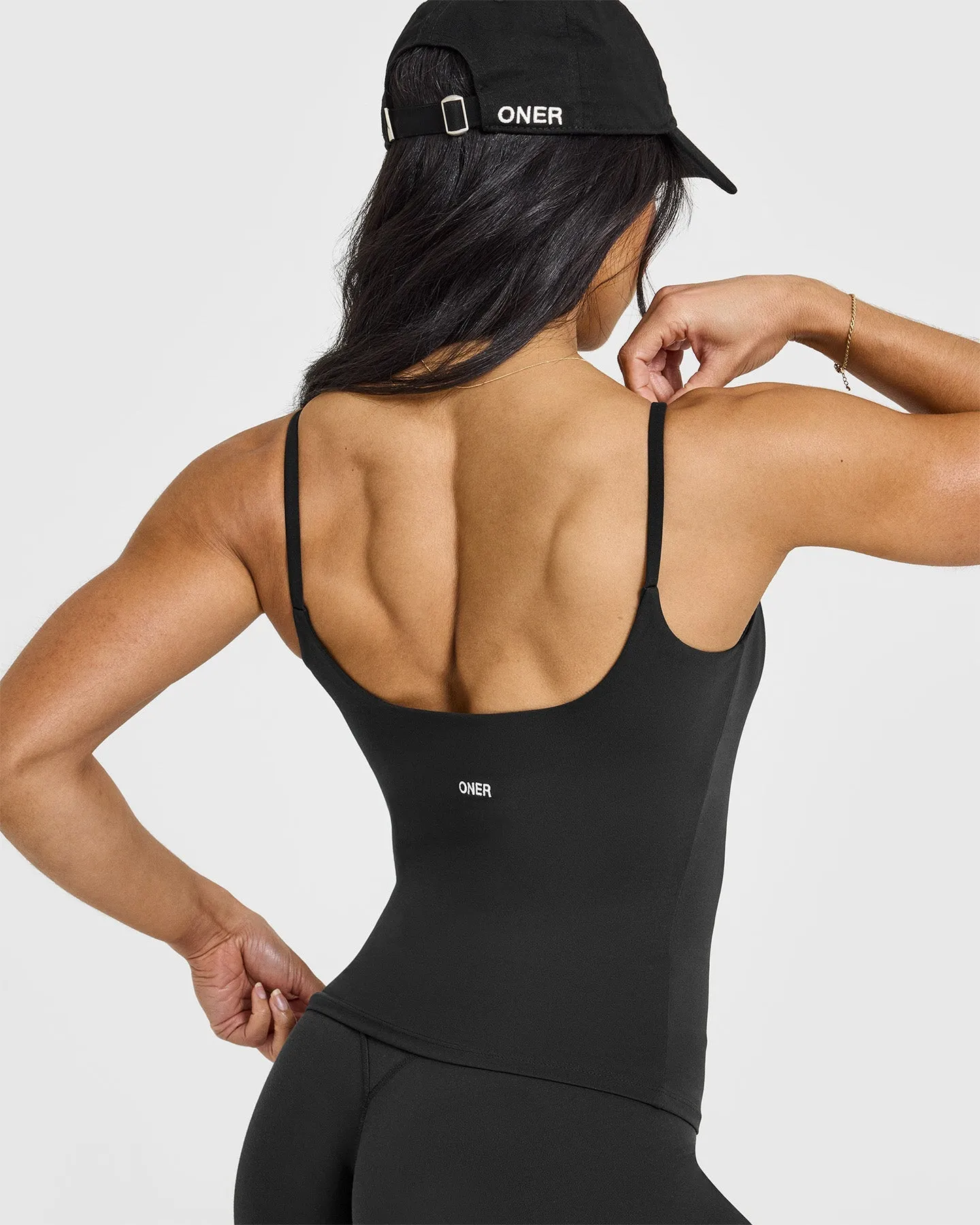 SoftMotion™ Strappy Vest with Built in Bra Shelf with White Logo | Soft Black sold by Oner Active product image thumbnail 5