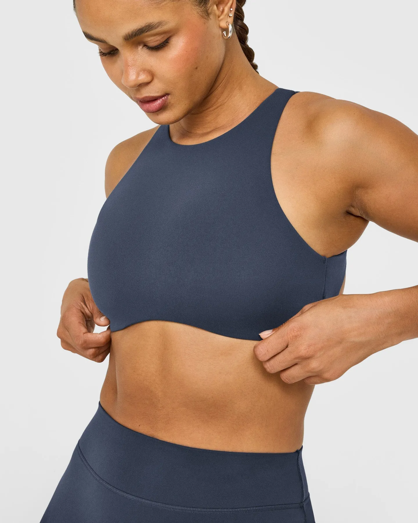 SoftMotion™ High Neck Sports Bra with White Logo | True Blue sold by Oner Active product image thumbnail 3