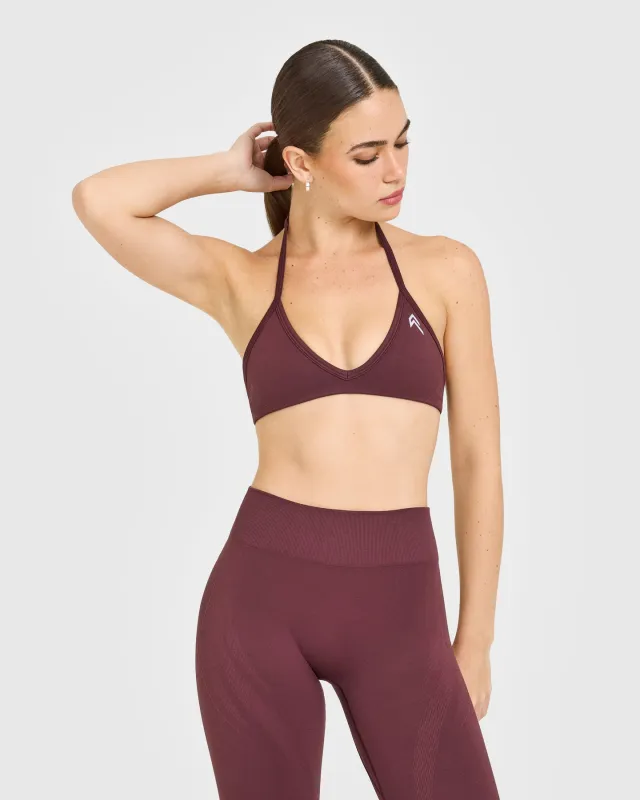 EnhanceLift™ Seamless Minimal Halter Neck Bralette with White Logo | Velvet Mocha sold by Oner Active