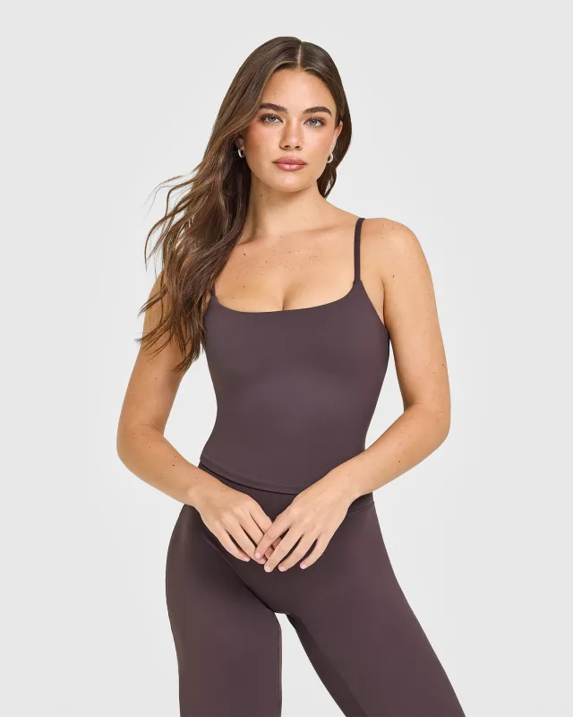 SoftMotion™ Strappy Mid Vest with Built in Bra Shelf with White Logo | Dark Umber Brown sold by Oner Active