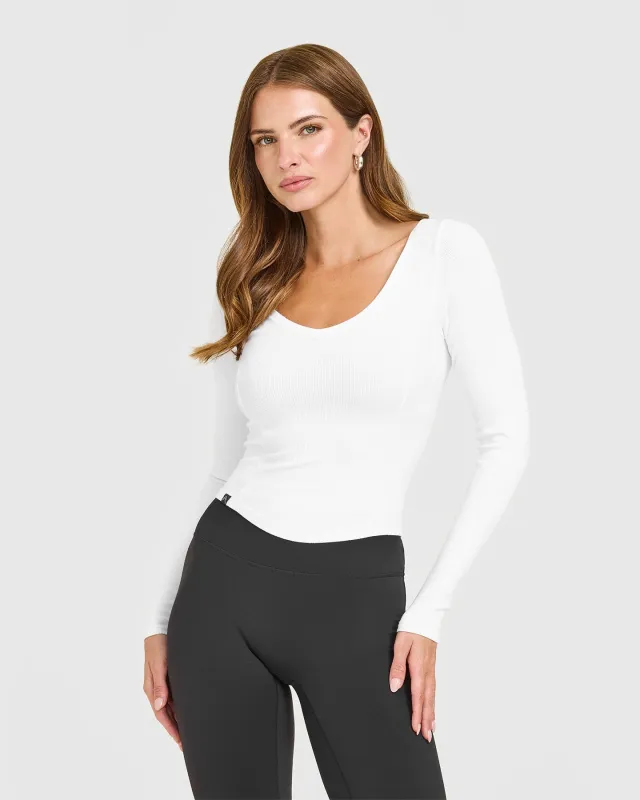 Mellow™ Rib V Neck Mid Long Sleeve Top | White sold by Oner Active