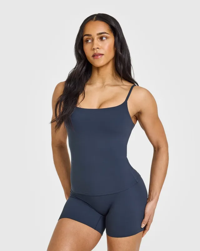 SoftMotion™ Strappy Vest with Built in Bra Shelf with White Logo | True Blue sold by Oner Active