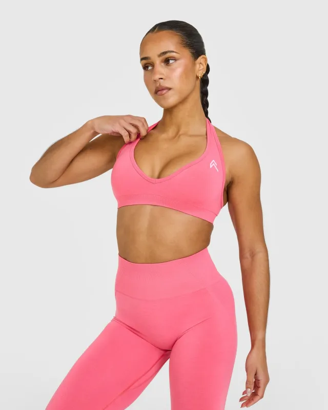 Effortless Seamless Halter Neck Sports Bra with White Logo | Hot Girl Pink sold by Oner Active