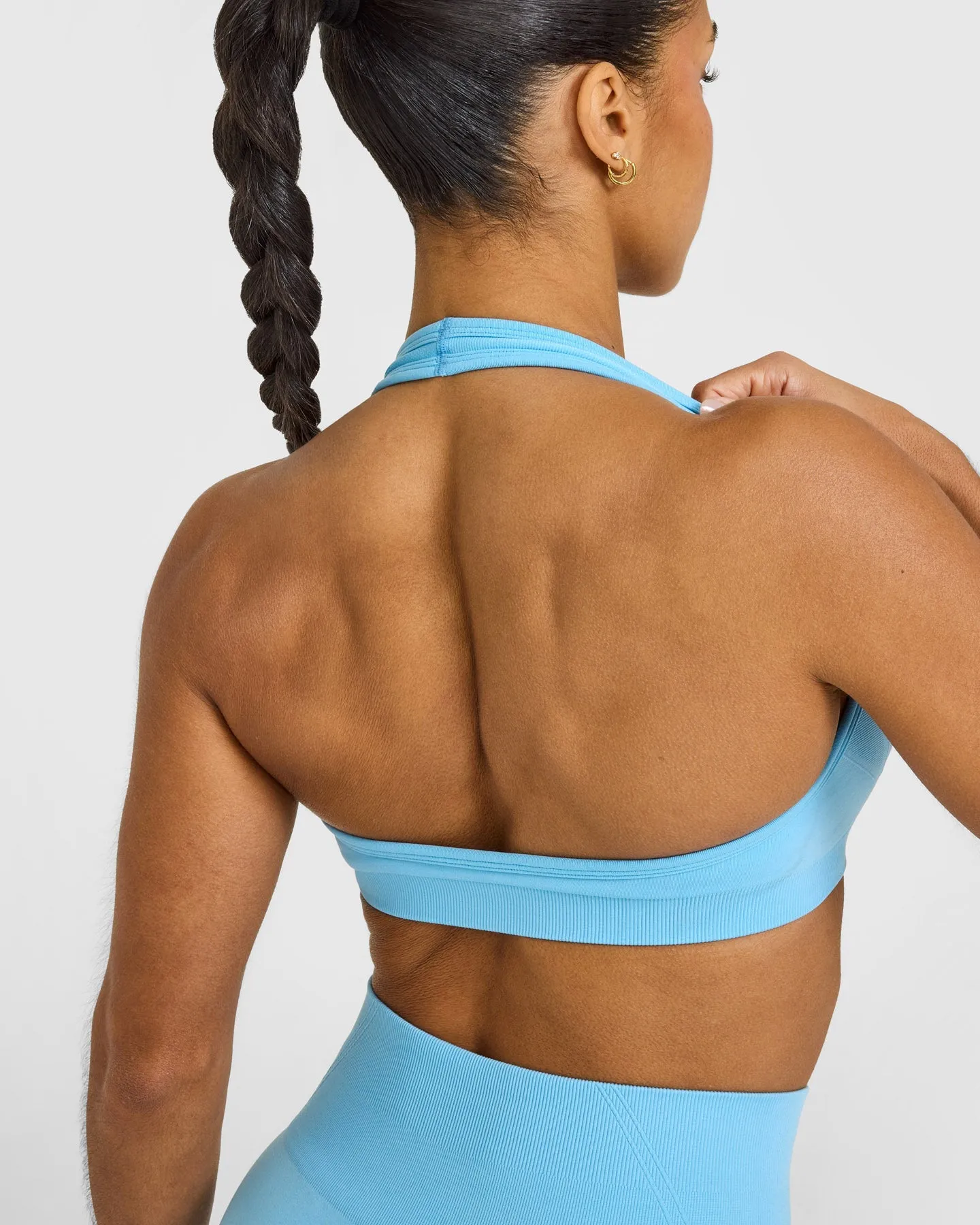 Effortless Seamless Halter Neck Sports Bra with White Logo | Arctic Blue sold by Oner Active product image thumbnail 4