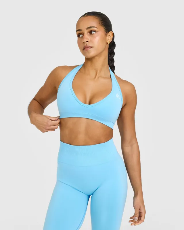Effortless Seamless Halter Neck Sports Bra with White Logo | Arctic Blue sold by Oner Active