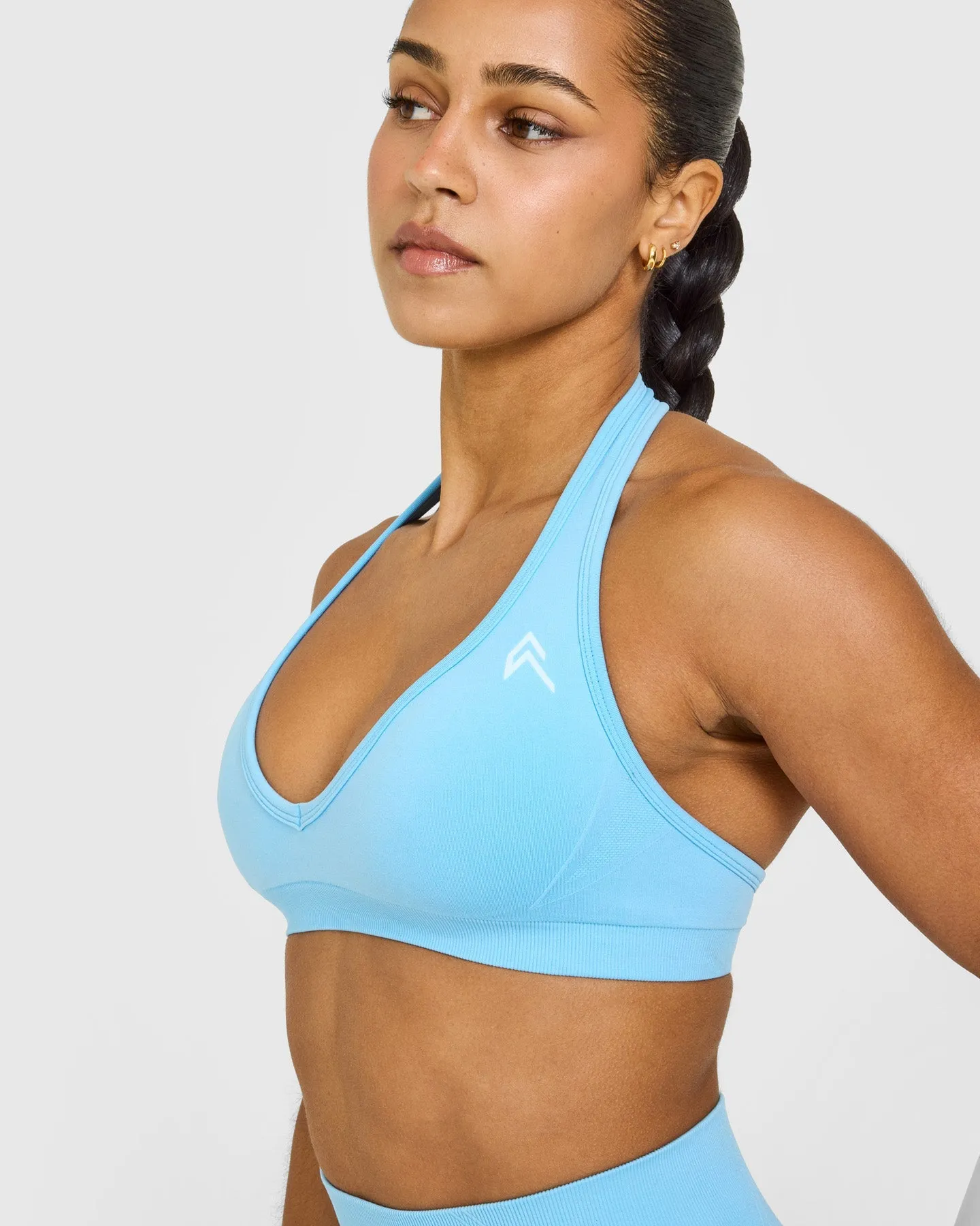 Effortless Seamless Halter Neck Sports Bra with White Logo | Arctic Blue sold by Oner Active product image thumbnail 5