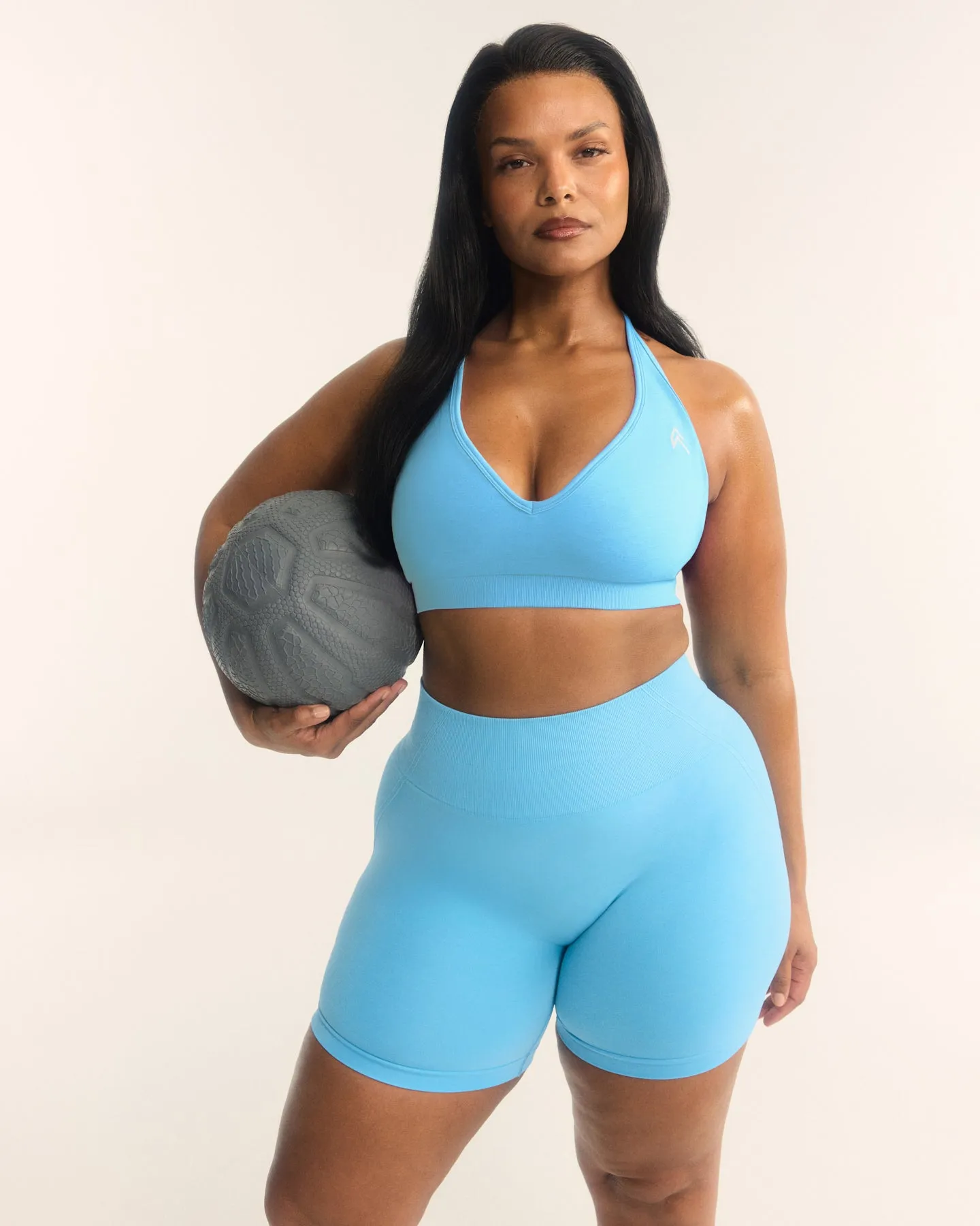 Effortless Seamless Halter Neck Sports Bra with White Logo | Arctic Blue sold by Oner Active product image thumbnail 2