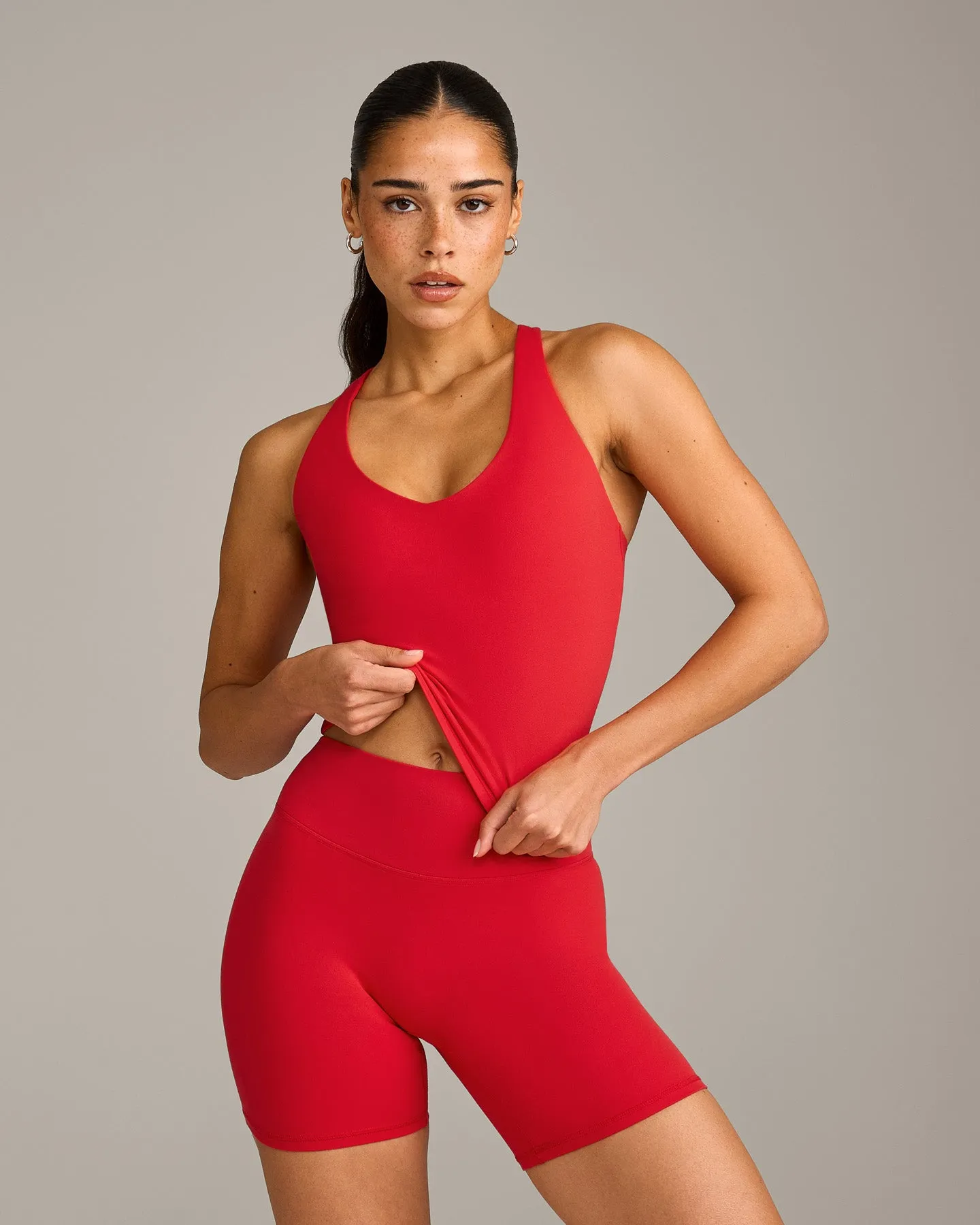 SoftMotion™ Racer Back Mid Vest with Built in Bra Shelf with Grey Logo | Fiery Red sold by Oner Active