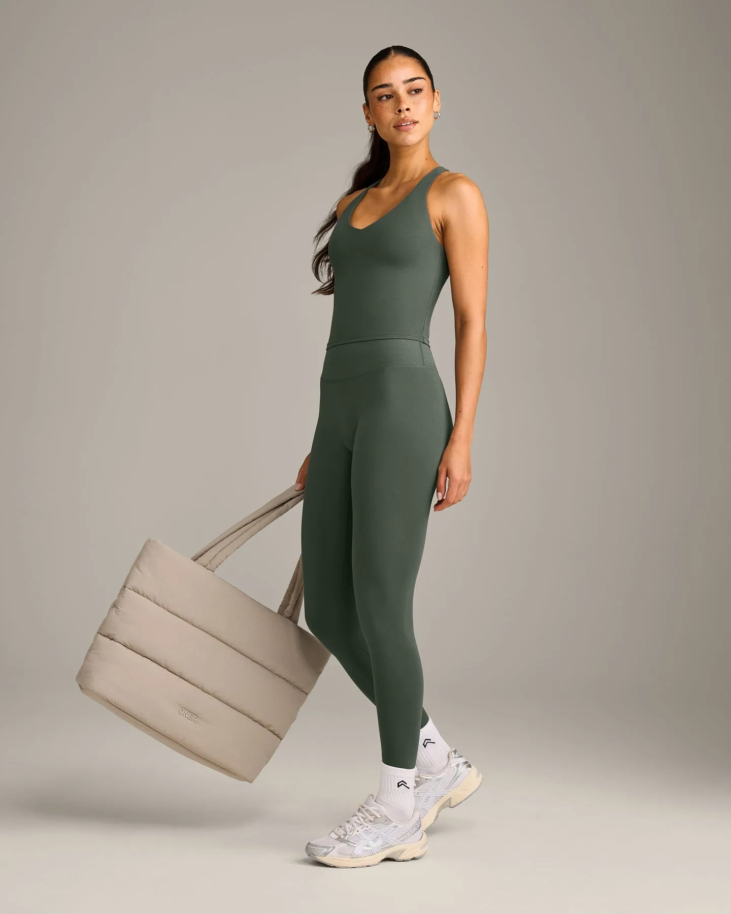 SoftMotion™ Racer Back Mid Vest with Built in Bra Shelf with Grey Logo | Dark Khaki sold by Oner Active product image thumbnail 3