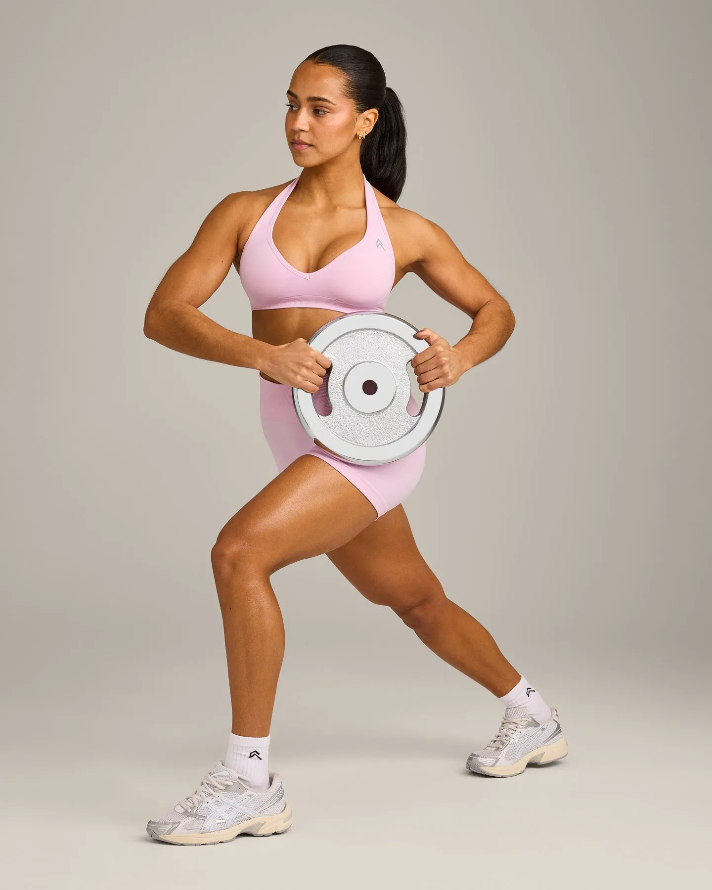 EffortlessLift™ Seamless Halter Neck Sports Bra with Grey Logo | Chalk Pink sold by Oner Active product image thumbnail 3