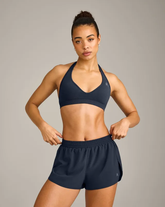 EffortlessLift™ Seamless Halter Neck Sports Bra with Grey Logo | True Blue sold by Oner Active