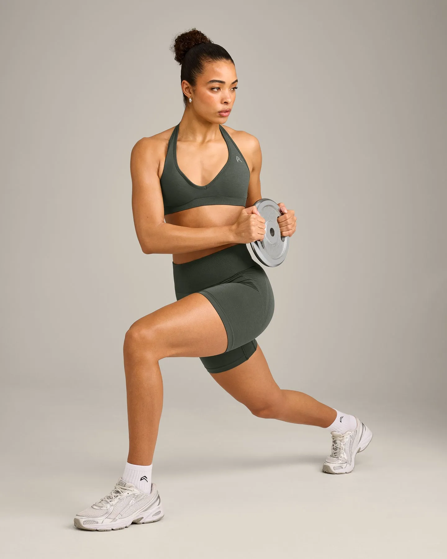EffortlessLift™ Seamless Halter Neck Sports Bra with Grey Logo | Dark Khaki sold by Oner Active product image thumbnail 3