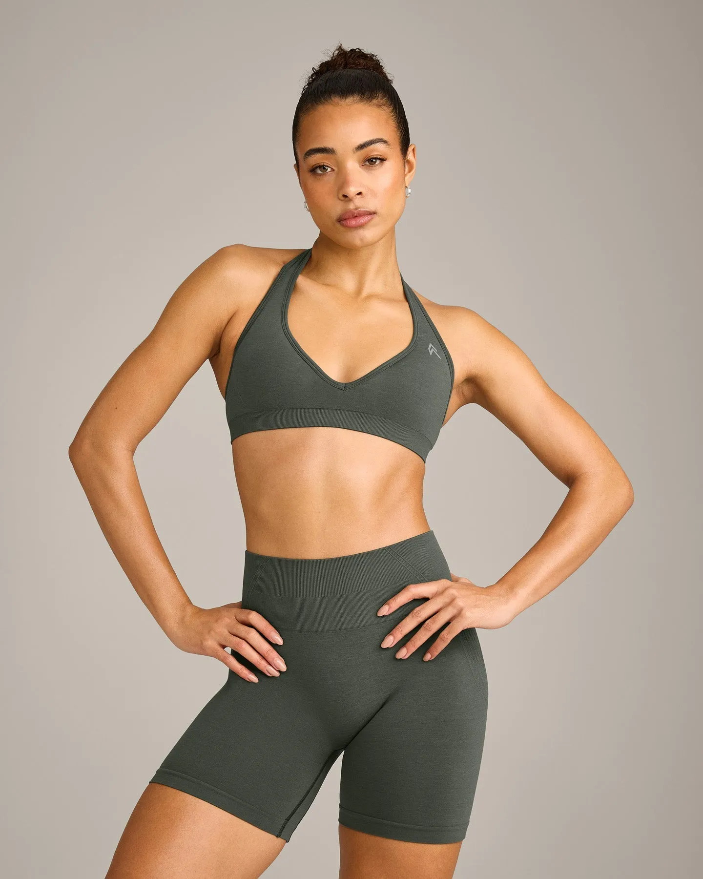 EffortlessLift™ Seamless Halter Neck Sports Bra with Grey Logo | Dark Khaki sold by Oner Active