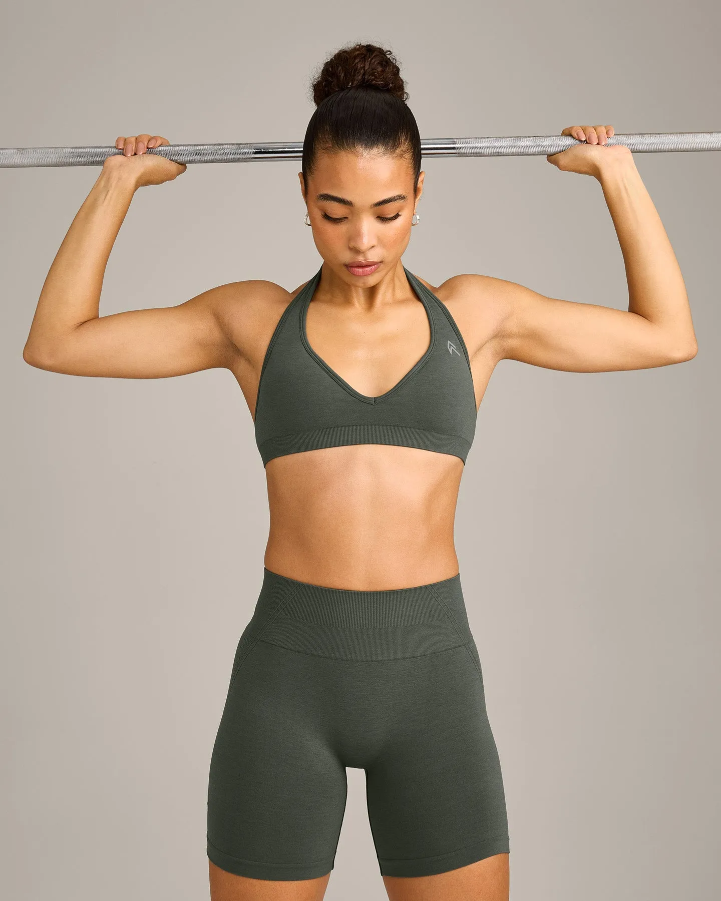 EffortlessLift™ Seamless Halter Neck Sports Bra with Grey Logo | Dark Khaki sold by Oner Active product image thumbnail 5