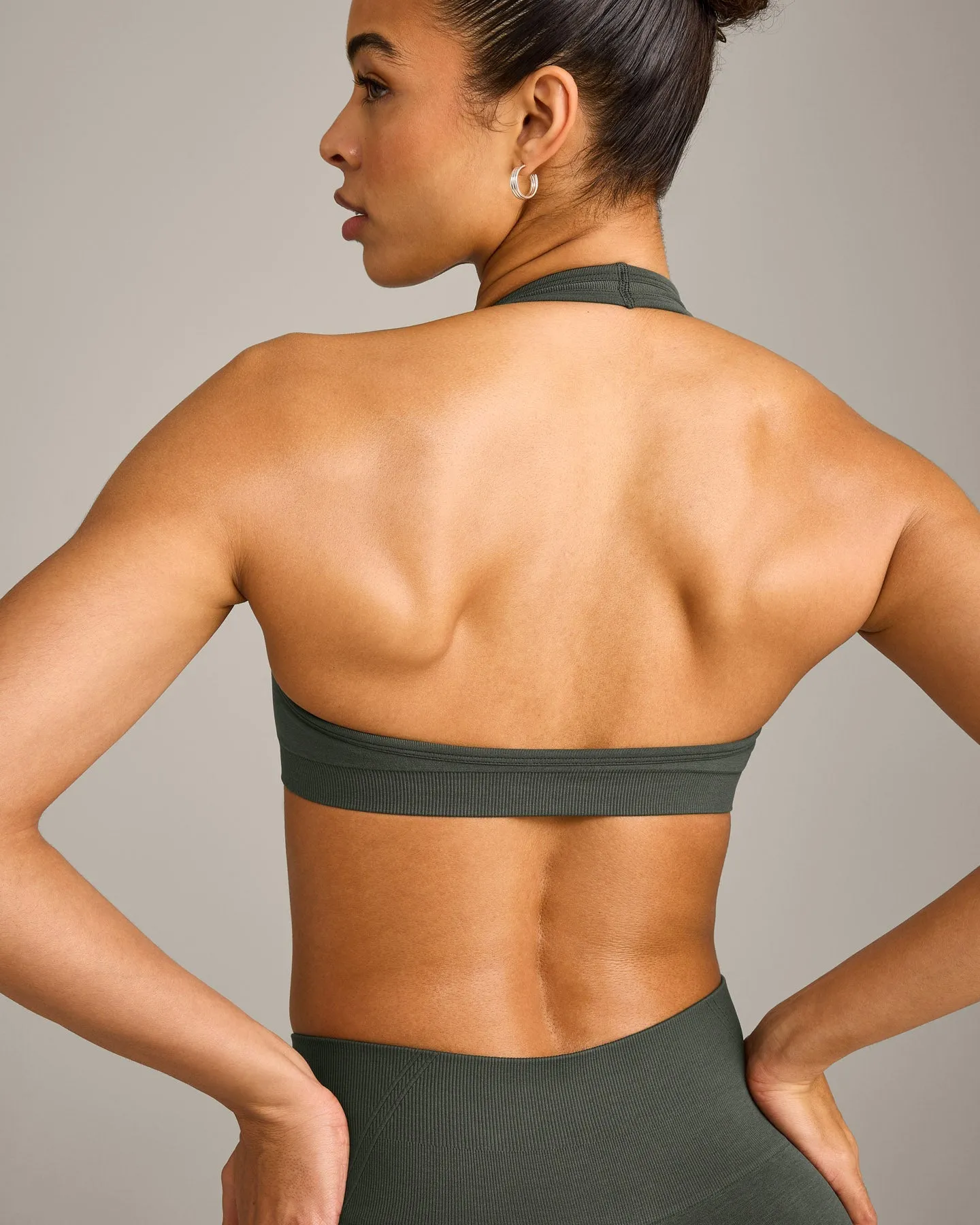 EffortlessLift™ Seamless Halter Neck Sports Bra with Grey Logo | Dark Khaki sold by Oner Active product image thumbnail 2
