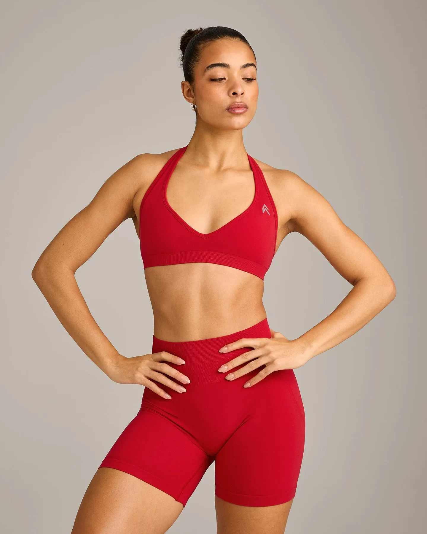 EffortlessLift™ Seamless Halter Neck Sports Bra with Grey Logo | Fiery Red sold by Oner Active