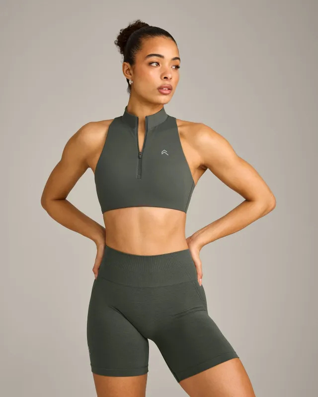 EasyLift™ Zip High Neck Sports Bra with Grey Logo | Dark Khaki made by Oner Active