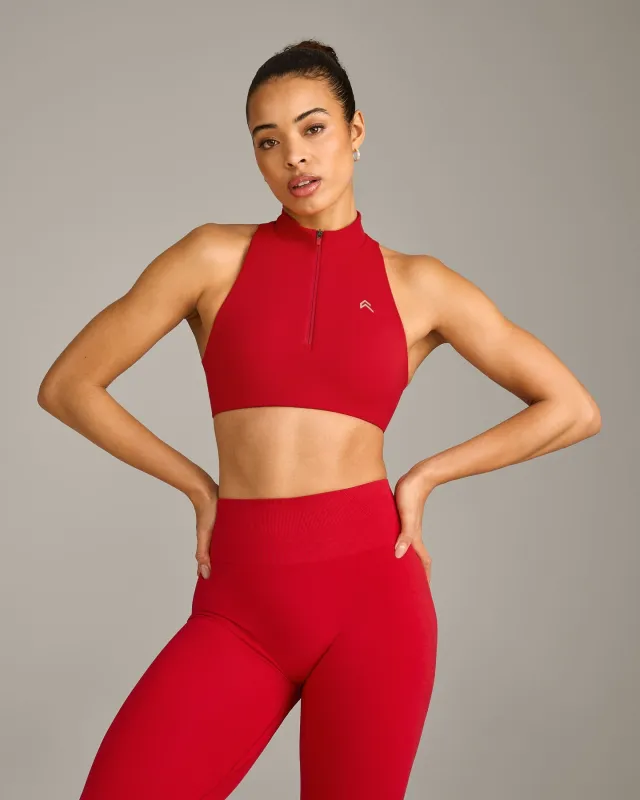 EasyLift™ Zip High Neck Sports Bra with Grey Logo | Fiery Red sold by Oner Active
