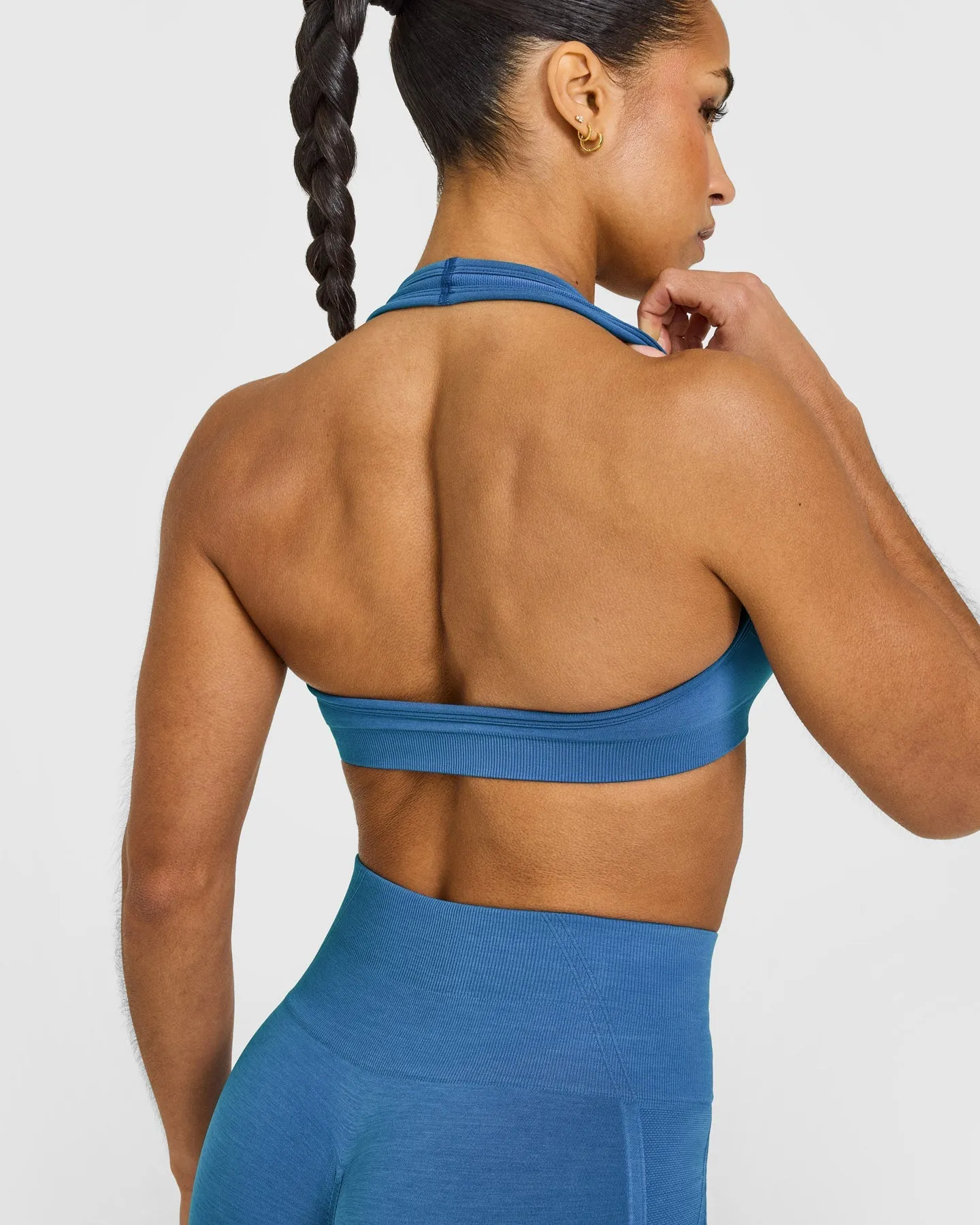 EffortlessLift™ Seamless Halter Neck Sports Bra with White Logo | Ocean Blue sold by Oner Active product image thumbnail 4