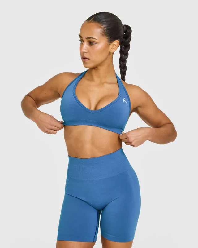 EffortlessLift™ Seamless Halter Neck Sports Bra with White Logo | Ocean Blue sold by Oner Active