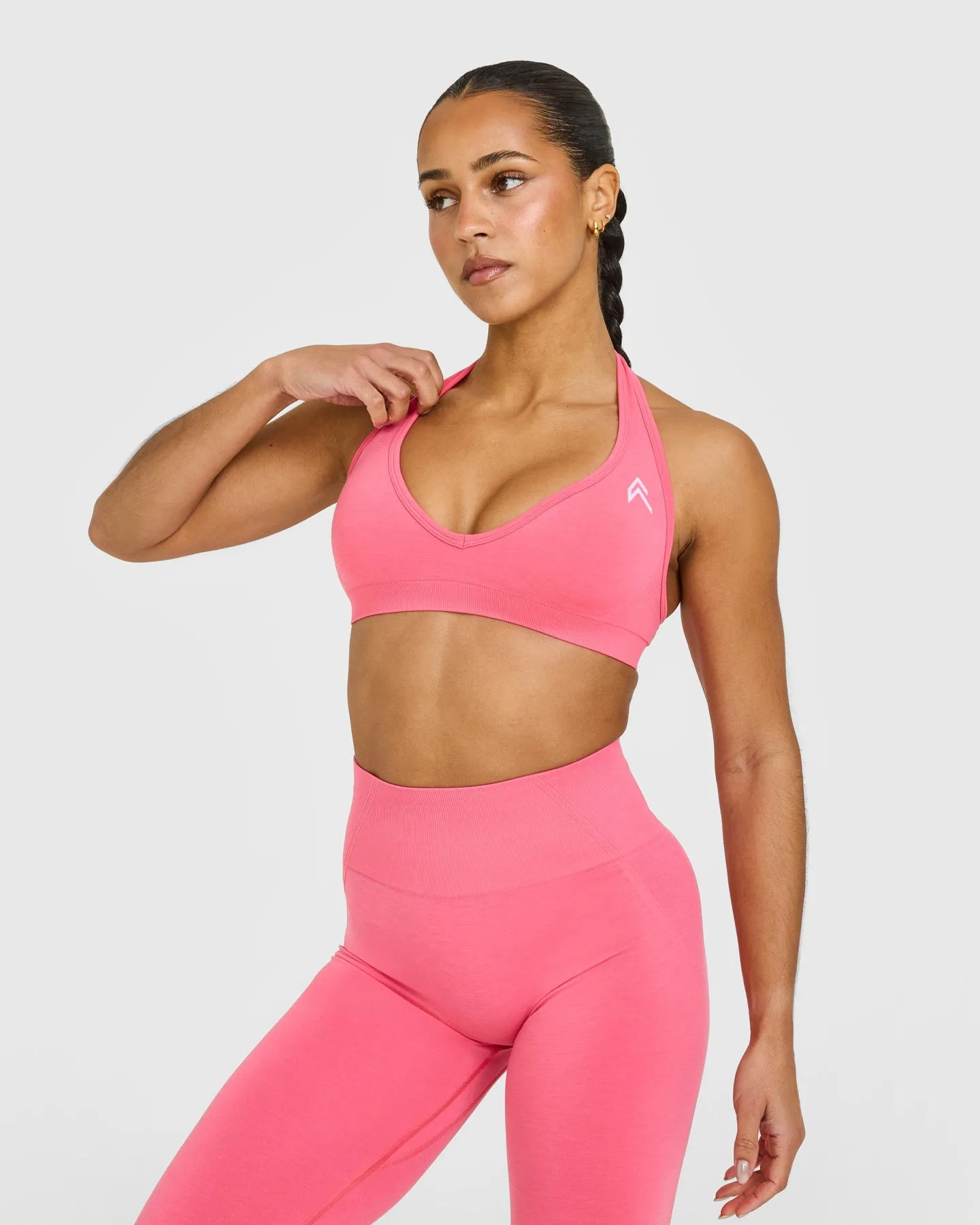 EffortlessLift™ Seamless Halter Neck Sports Bra with White Logo | Hot Girl Pink sold by Oner Active