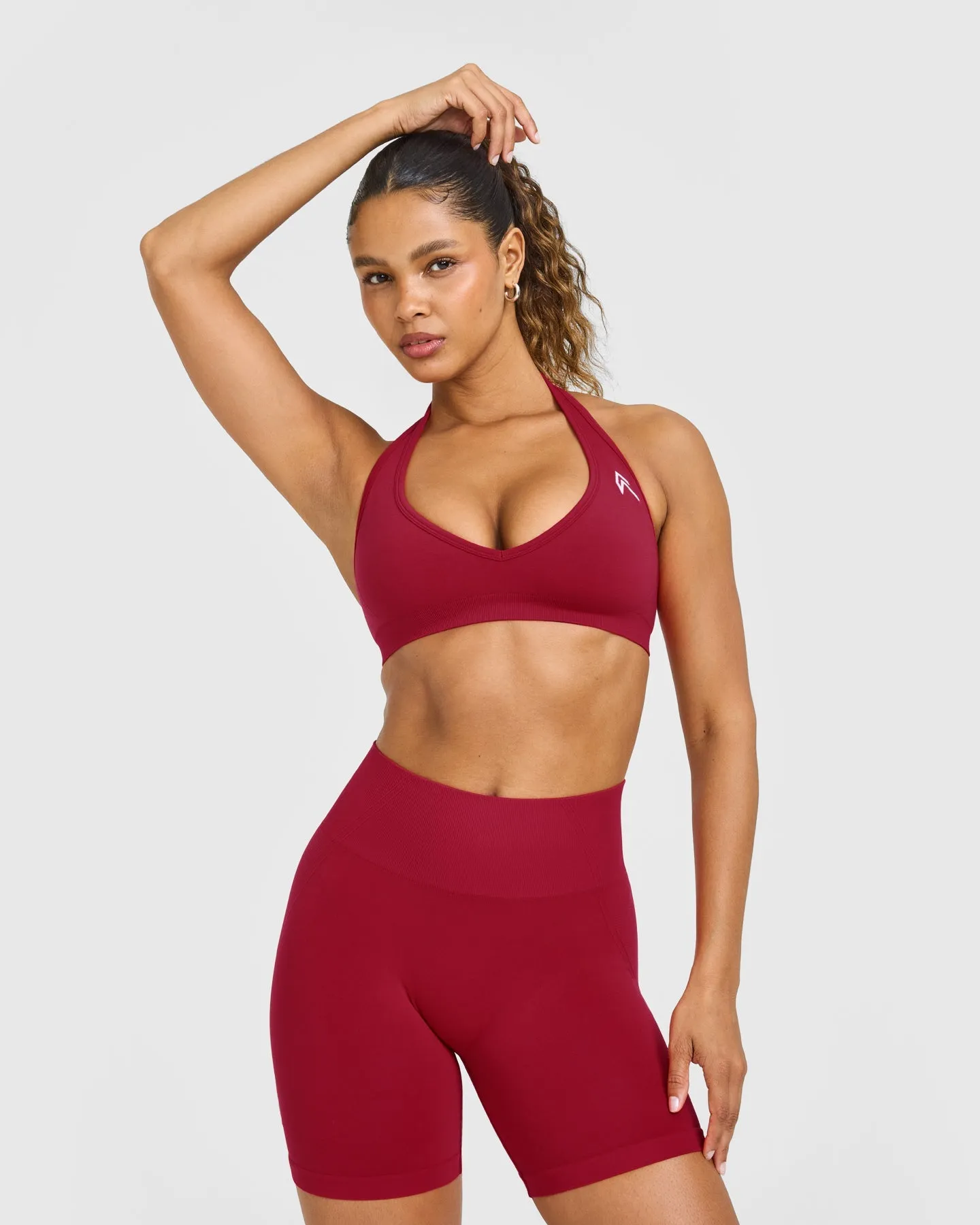 EffortlessLift™ Seamless Halter Neck Sports Bra with White Logo | Claret Red sold by Oner Active