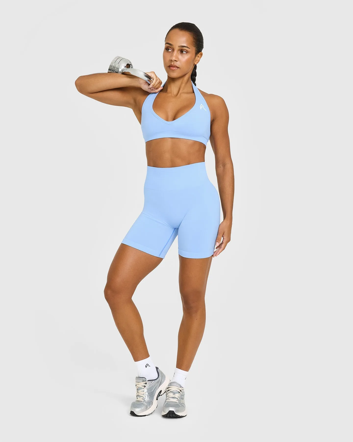 EffortlessLift™ Seamless Halter Neck Sports Bra with White Logo | Powdered Blue sold by Oner Active product image thumbnail 3