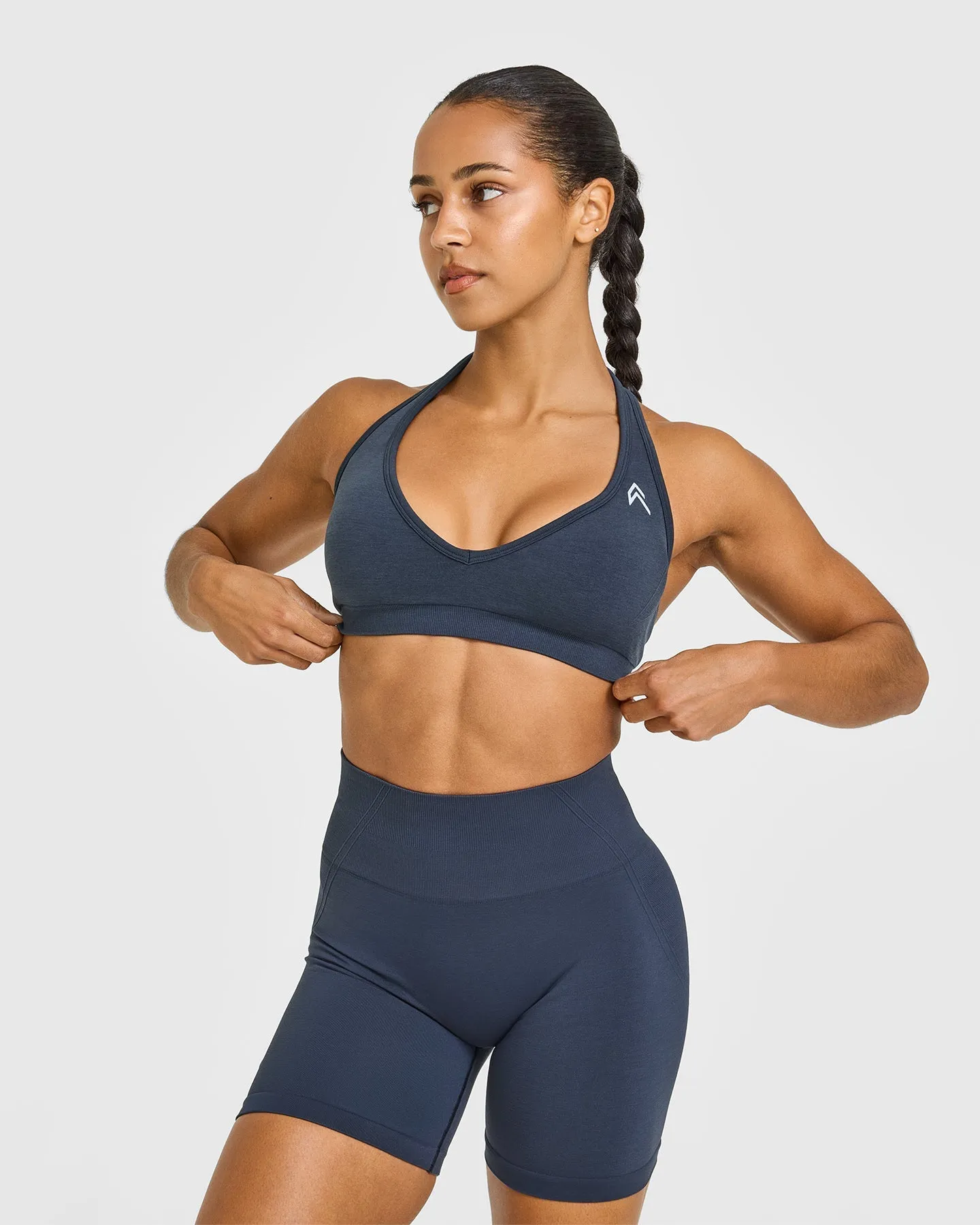 EffortlessLift™ Seamless Halter Neck Sports Bra with White Logo | True Blue sold by Oner Active